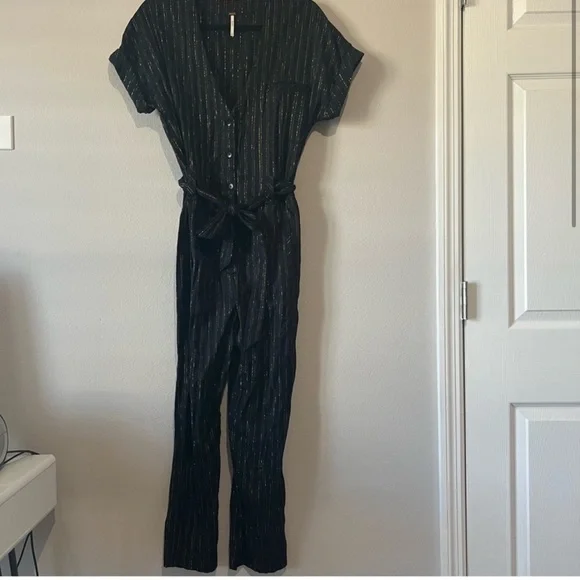 Free People Black Lurex Gold Pinstripe Jumpsuit - Picture 6 of 15